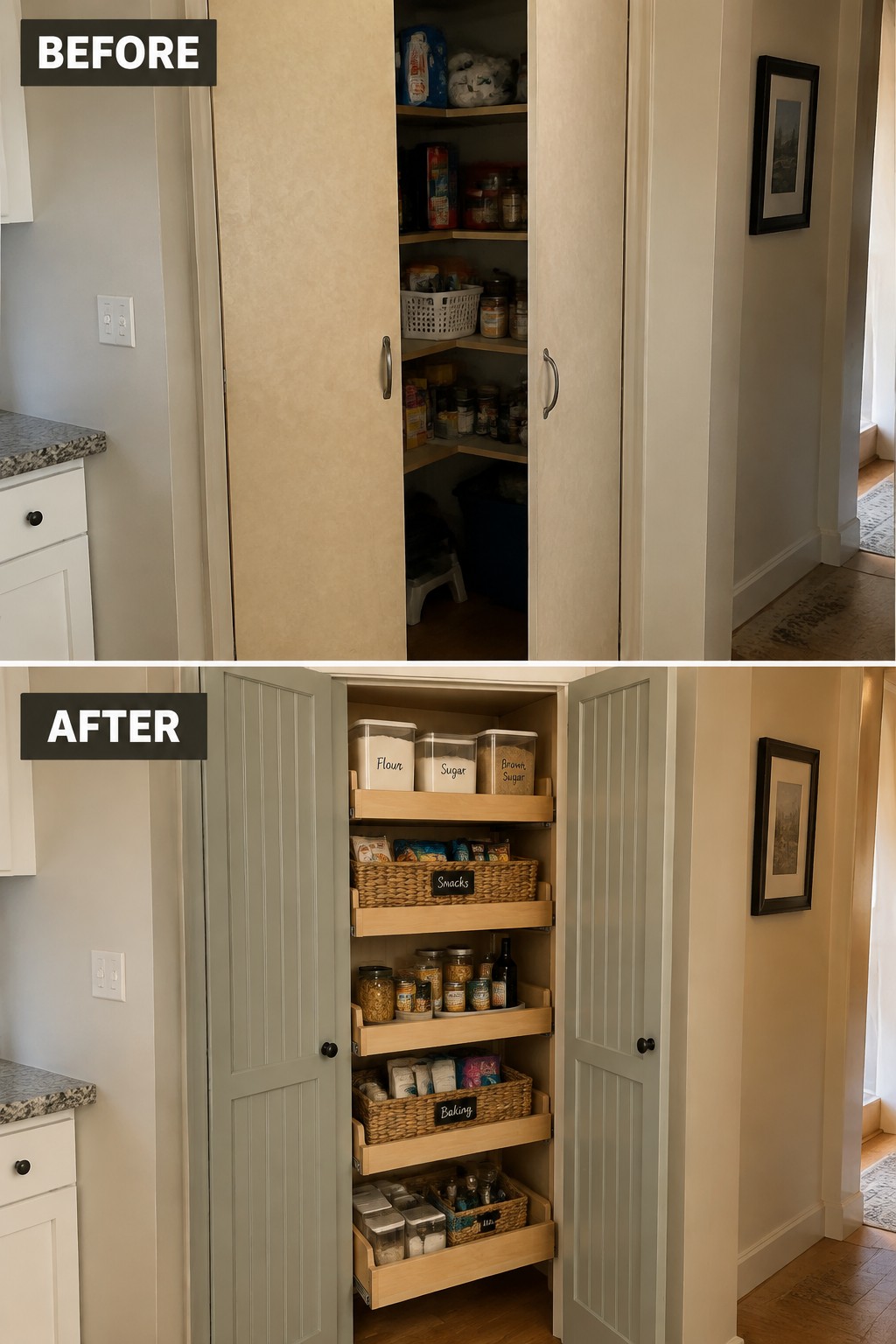 Before-and-after makeover image of a pantry changed from fixed shelves with mixed food items to pull-out shelves organized with containers and baskets.