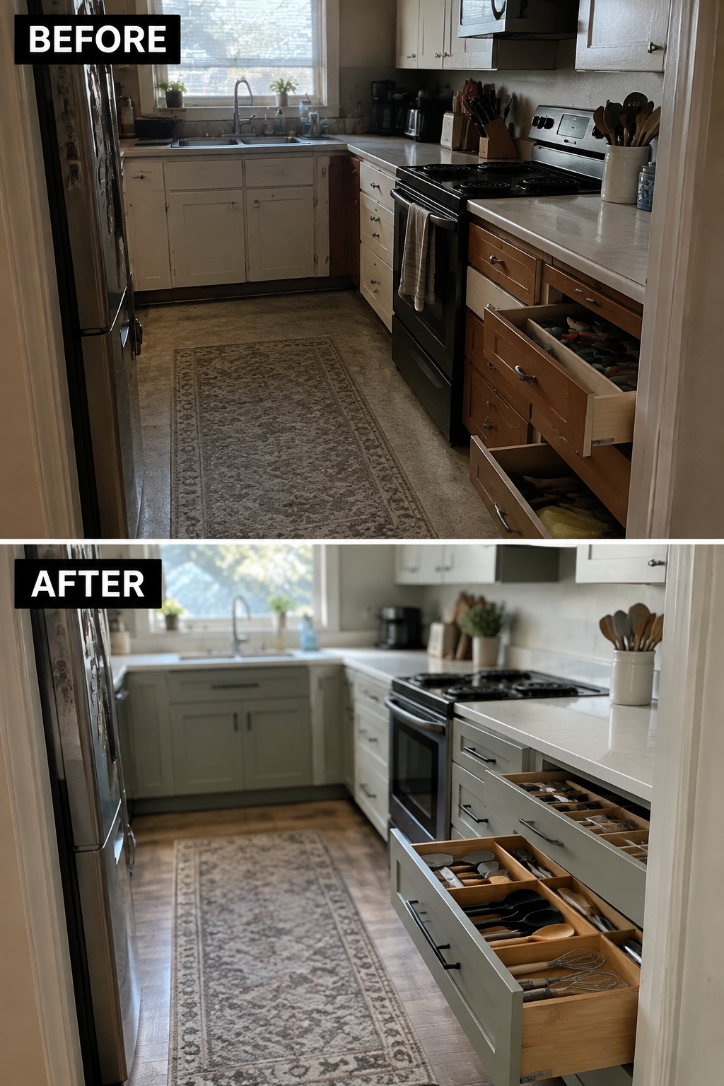Before-and-after kitchen makeover image showing older cabinets and cluttered drawers replaced with updated cabinets and organized utensil storage.