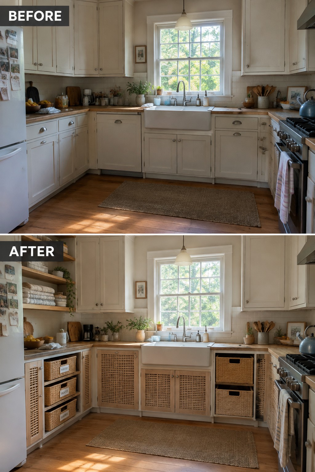 Before-and-after makeover image of a kitchen with solid lower cabinet doors changed to woven cabinet fronts and open storage cubbies.