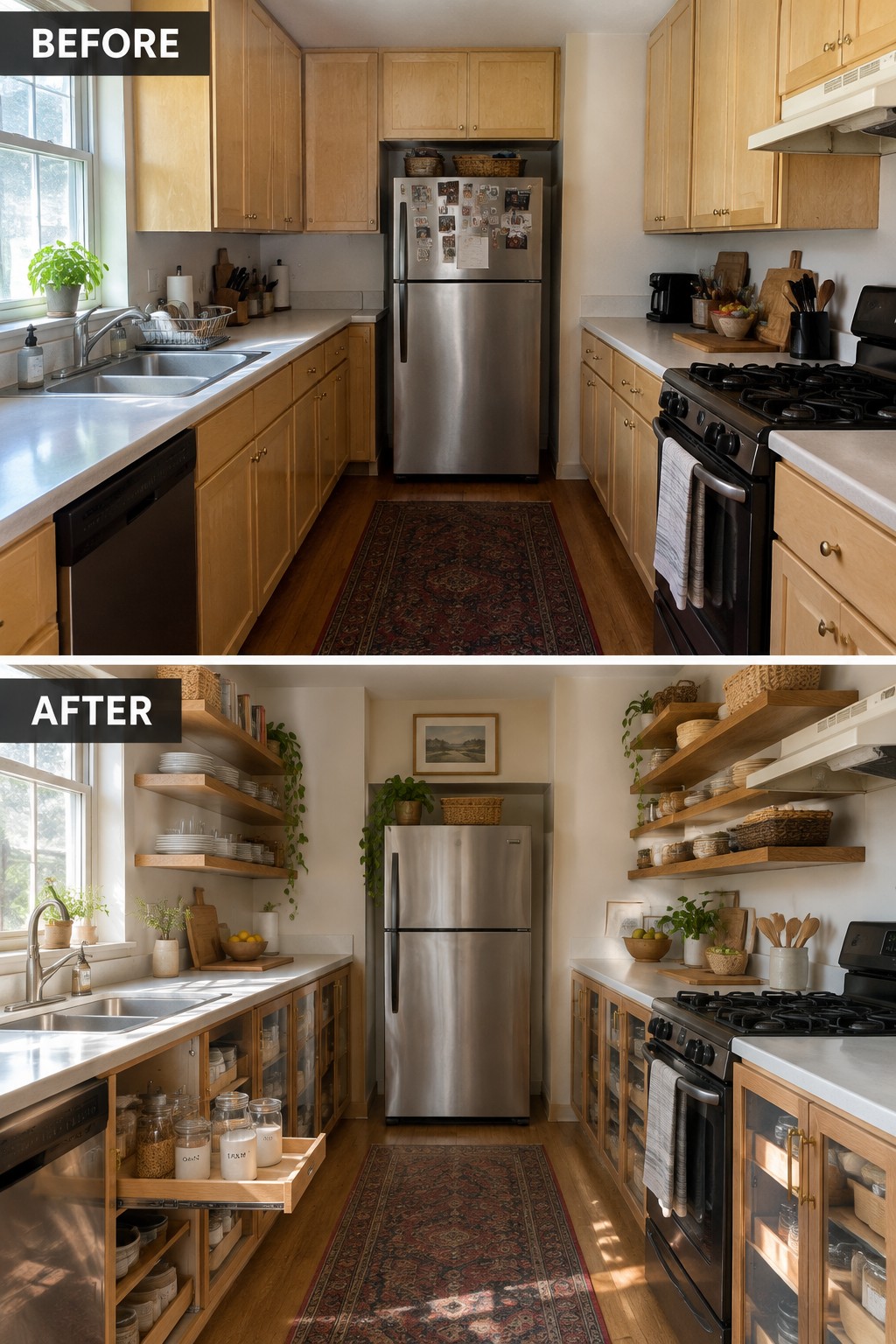 Before-and-after kitchen makeover image showing upper cabinets replaced with open shelves and lower cabinets updated with glass-front doors.