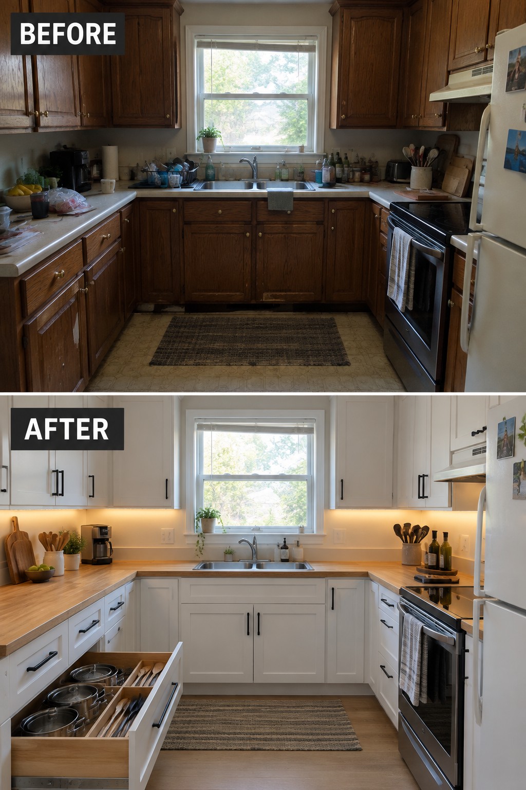 Before-and-after kitchen makeover image showing dark wooden cabinets replaced with white cabinets, including a pull-out drawer for pots and pans.