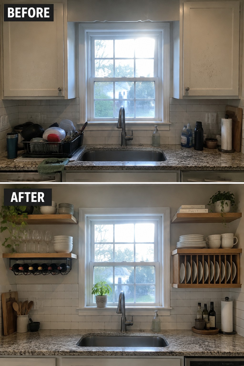 Before-and-after image of a kitchen changed from upper cabinets and a crowded counter to open wood shelves, a plate rack, and a cleared counter.