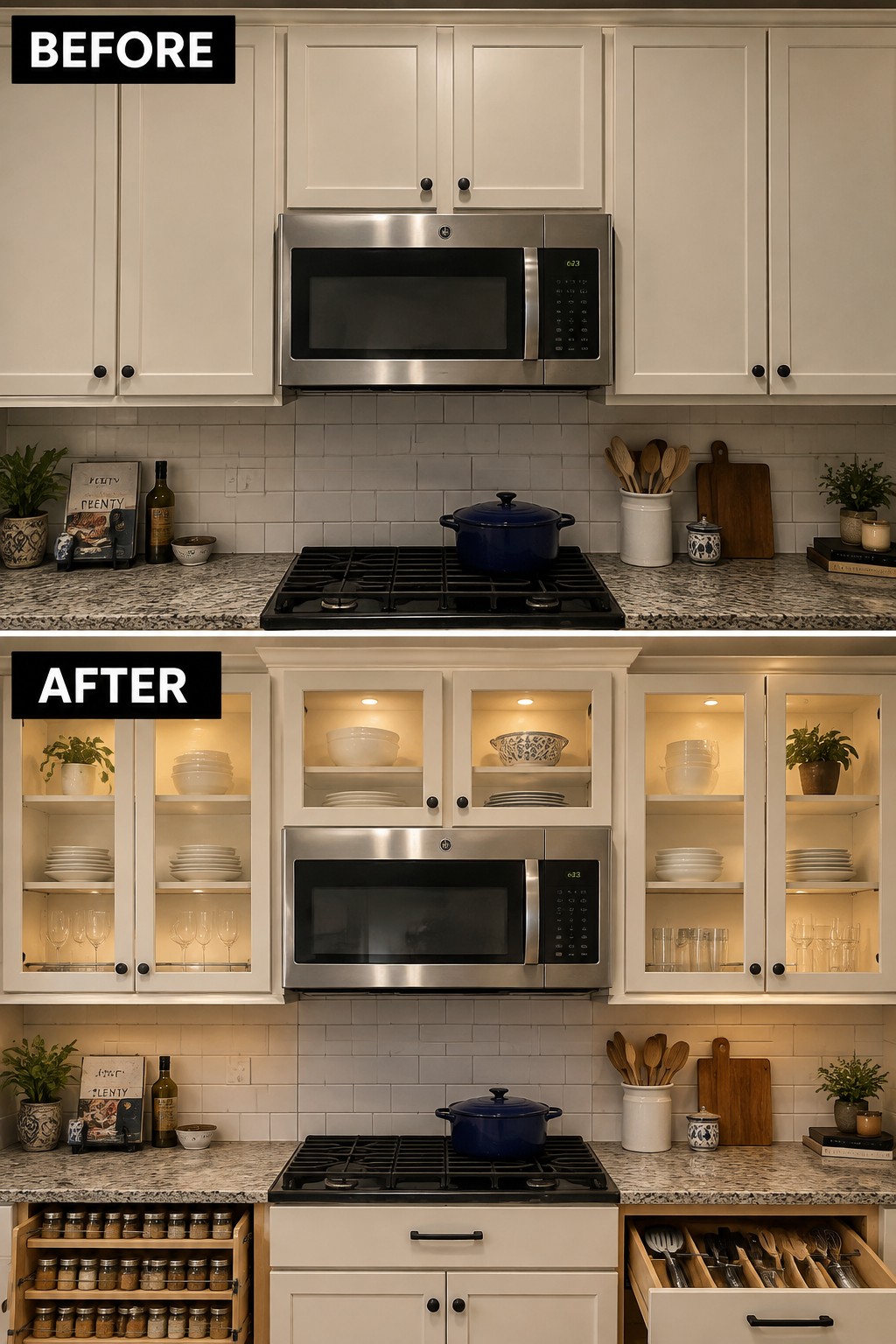 Before-and-after makeover image of a kitchen with solid upper cabinet doors replaced by illuminated glass-front cabinets and added storage drawers below the cooktop.