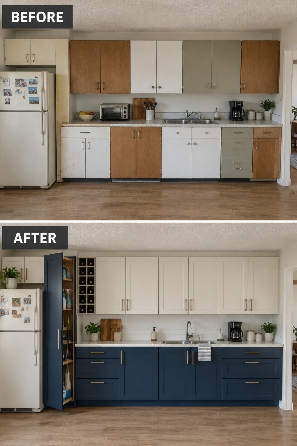 Before-and-after kitchen makeover image showing mismatched cabinets replaced with cream upper cabinets, navy lower cabinets, and a tall pull-out pantry beside the refrigerator.