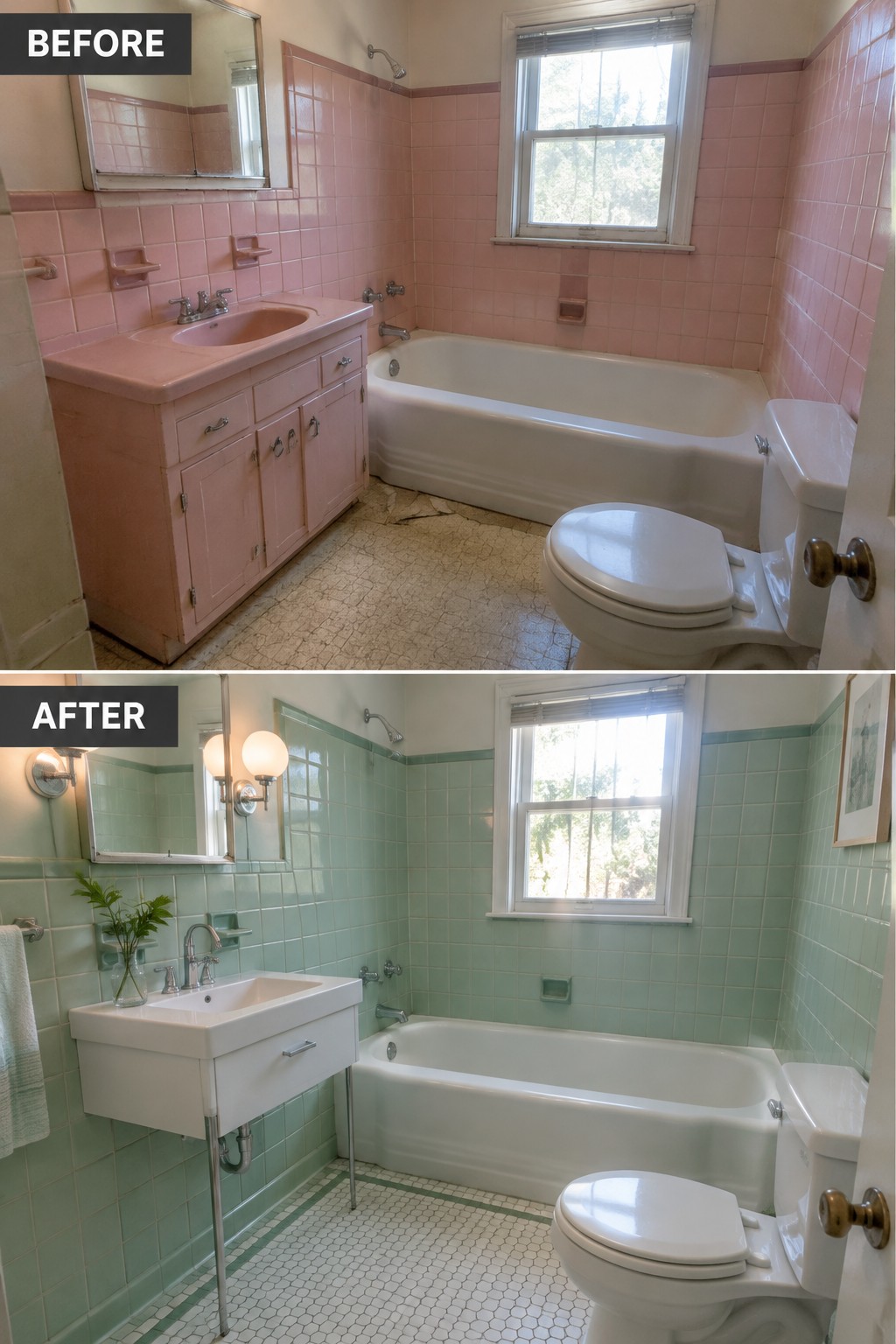 Before-and-after bathroom makeover image showing pink wall tile and a large vanity changed to mint-green wall tile and a pedestal sink.