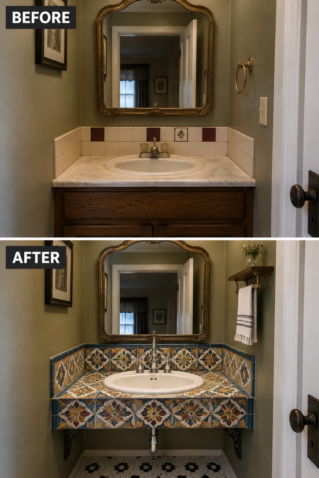 Before-and-after makeover image of a bathroom vanity updated with colorful patterned tile across the countertop and backsplash.