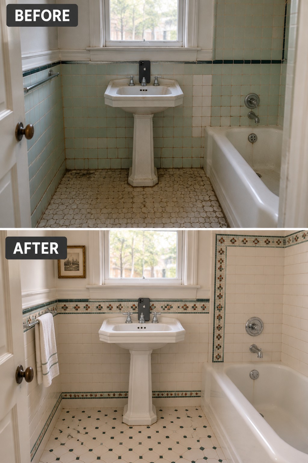 Before-and-after bathroom makeover image showing worn green wall tile and an old floor replaced with cream tile, decorative borders, and a patterned floor.