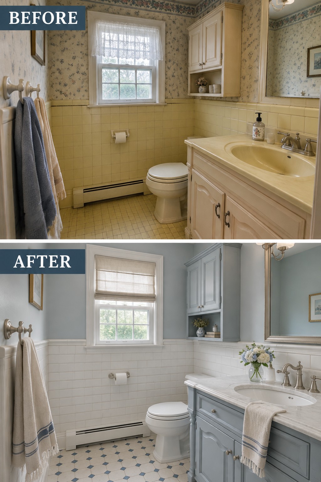 Before-and-after makeover image of an old bathroom updated with light wall tile, blue cabinetry, a new window shade, and patterned floor tile.