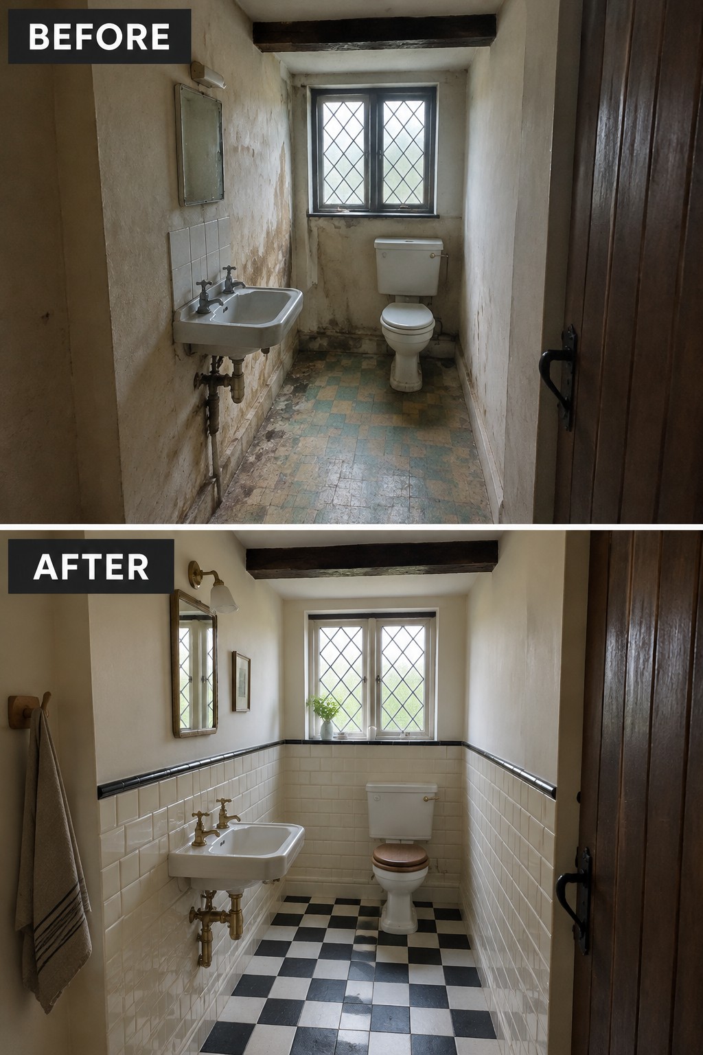 Before-and-after makeover image of a narrow old bathroom updated with checkerboard floor tile, cream wall tile, and refreshed fixtures.