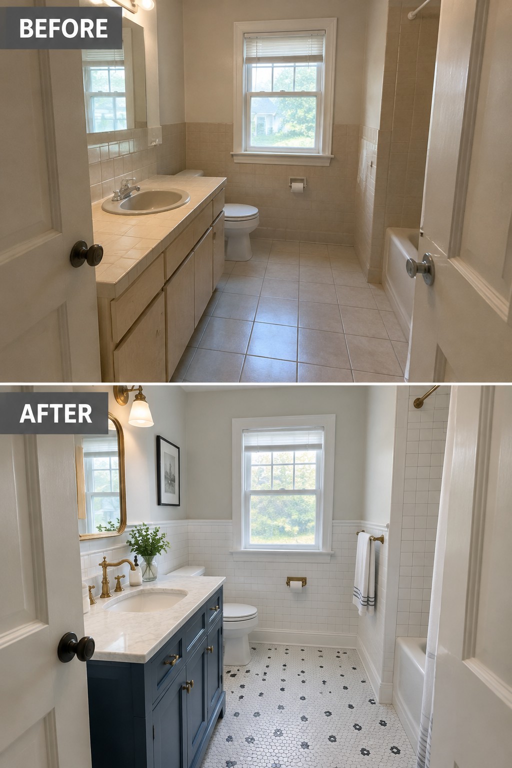 Before-and-after makeover image of a dated bathroom updated with white wall tile, a patterned floor, and a dark blue vanity.