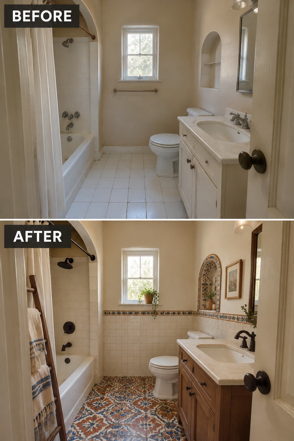 Before-and-after makeover image of a plain bathroom updated with patterned floor tile, a decorative tile border, and a wood vanity.