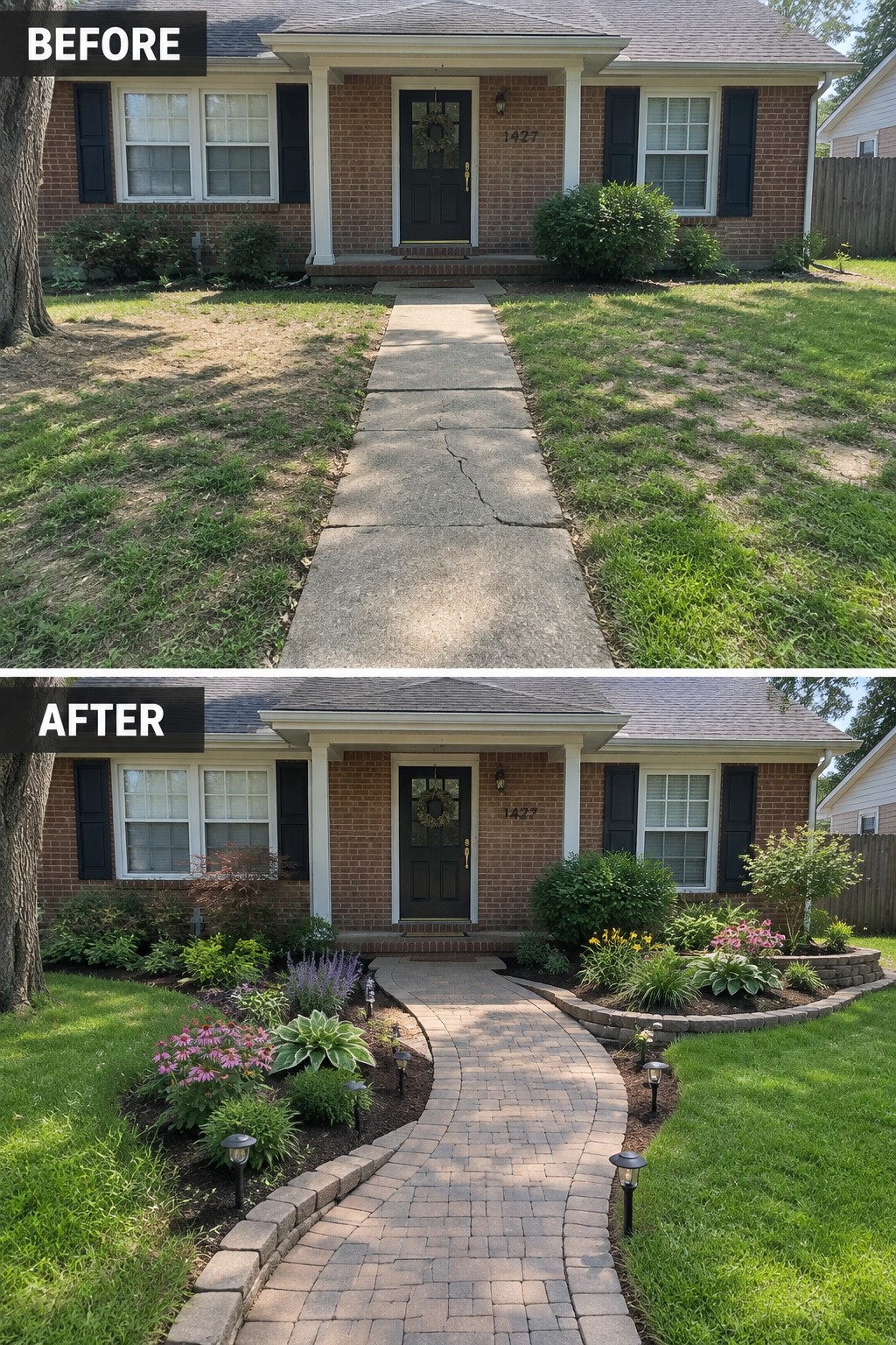 Before-and-after makeover image of a brick house front yard, with a cracked concrete walkway replaced by a curved paver path and planted garden beds.