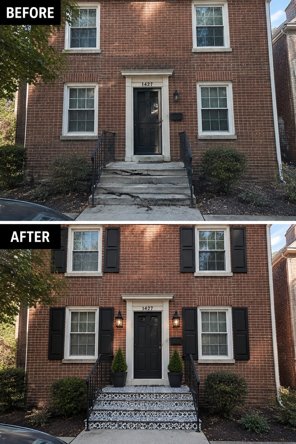 Before-and-after makeover image of a brick house updated with dark window shutters, porch lights, planters, and patterned steps.