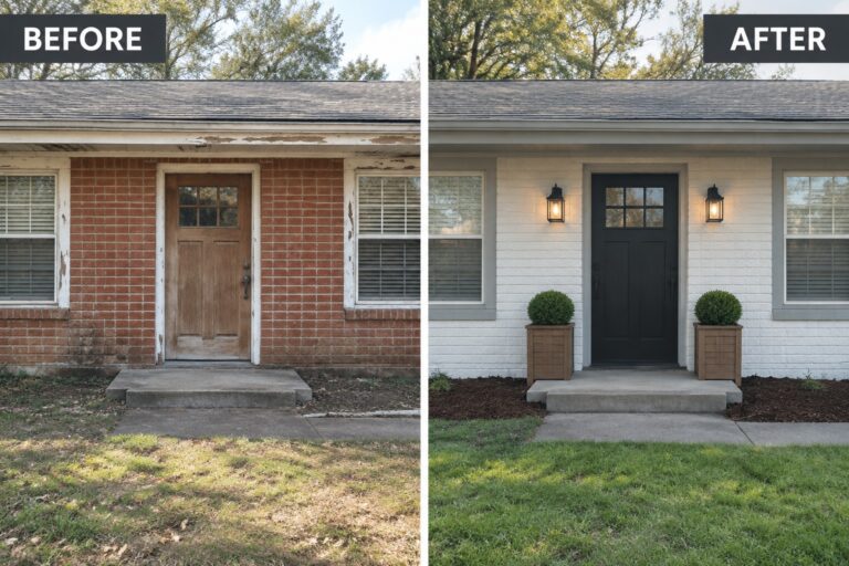 16 Brick House Remodel Ideas for Refreshing Existing Masonry Facades Before-and-after makeover image of a red brick house updated with white-painted brick, gray shutters, and a dark front door.