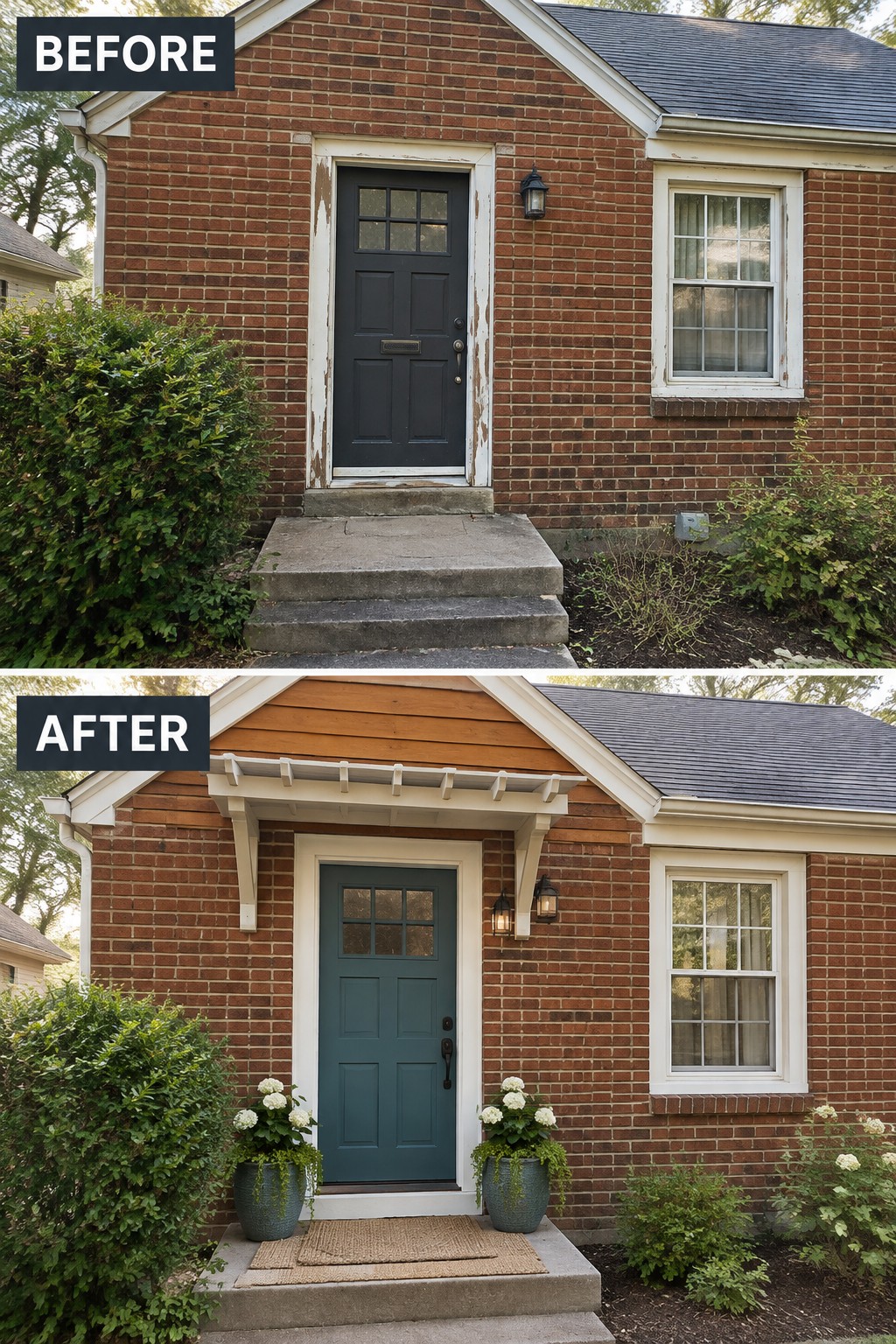 Before-and-after makeover image of a brick house entry updated with a teal front door and a small covered canopy.
