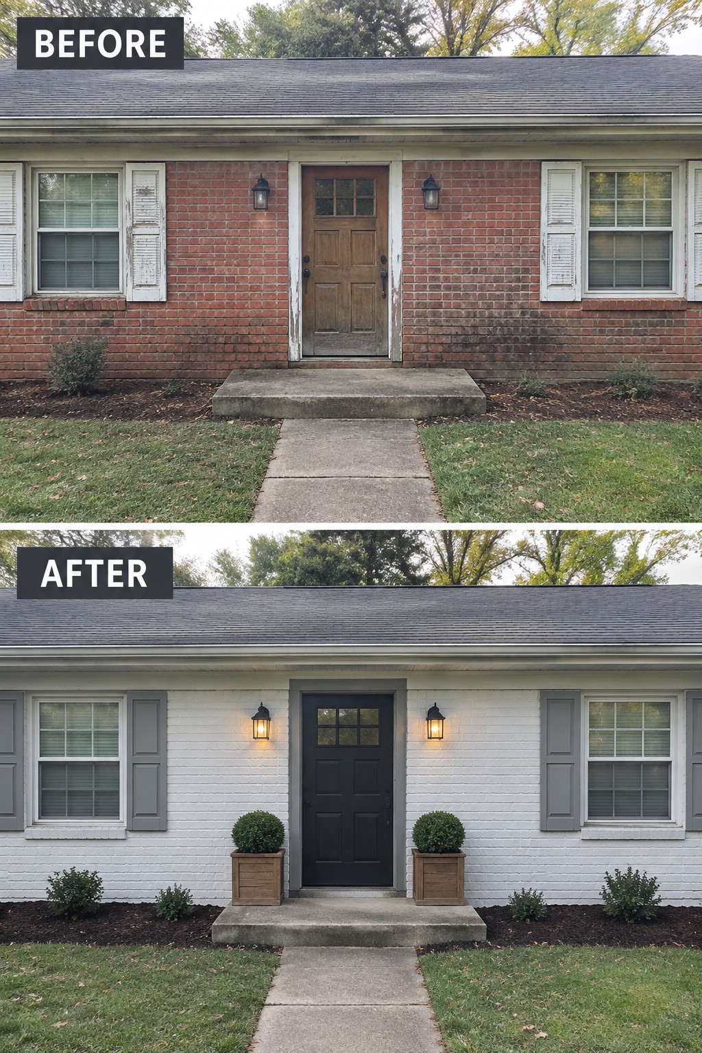 Before-and-after makeover image of a red brick house updated with white-painted brick, gray shutters, and a dark front door.