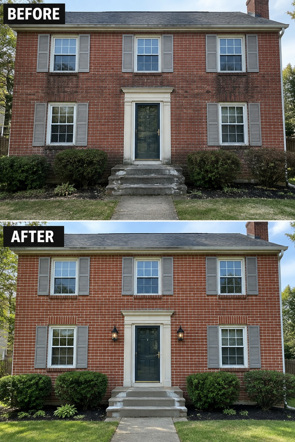 Before-and-after makeover image of a red brick house with a refreshed facade and lanterns added beside the front door.