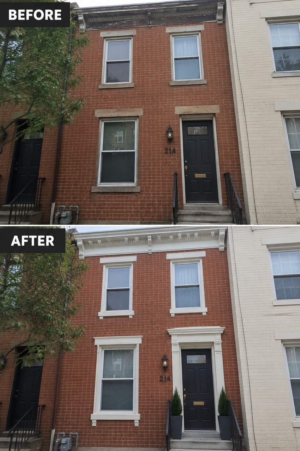 Before-and-after image of a red brick row house with worn roofline trim and plain window surrounds updated with white decorative trim.