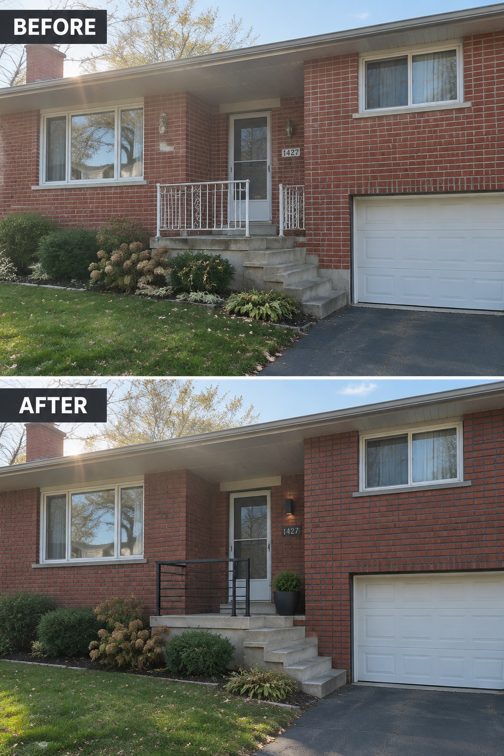 Before-and-after makeover image of a brick house entry with an old white railing replaced by a black railing and a modern porch light added.