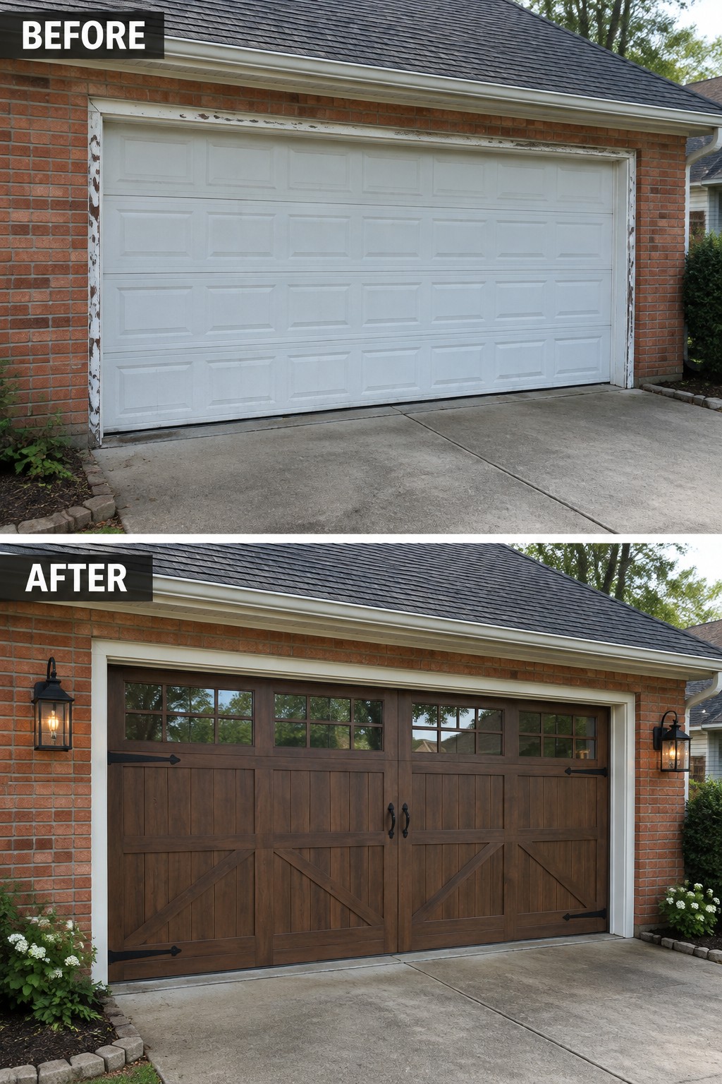 Before-and-after makeover image of a brick house with a worn white garage door replaced by a dark wood-look door with windows.