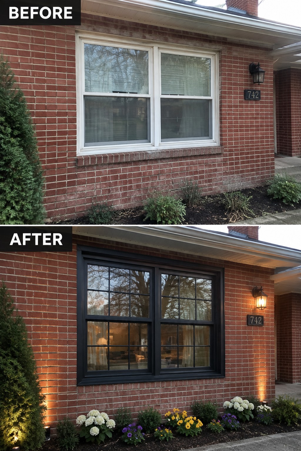 Before-and-after makeover image of a brick house with white windows replaced by black-framed windows with grilles.