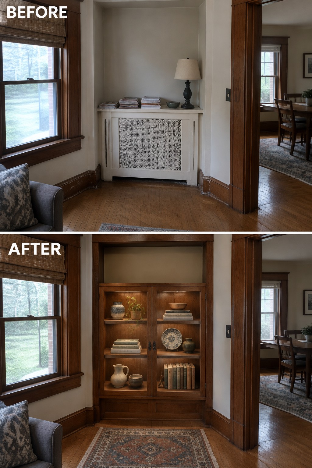 Before-and-after makeover image of an empty alcove with a radiator cover changed into a built-in wood bookcase with glass-front doors and displayed books and pottery.