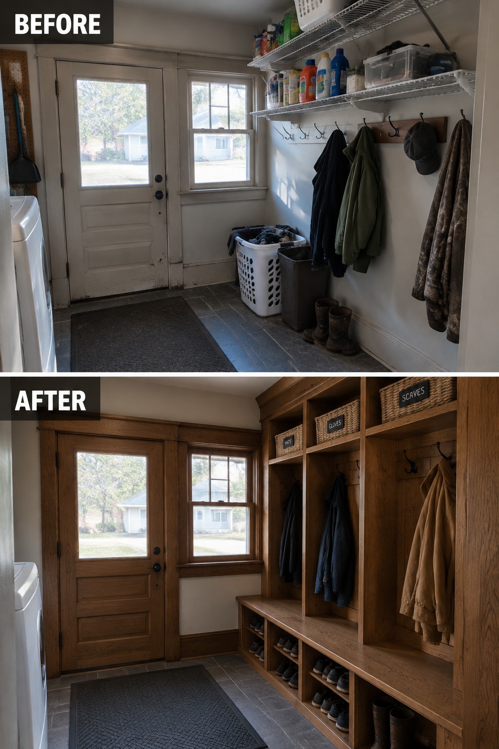 Before-and-after makeover image of a laundry entry changed from wire shelves and wall hooks to a wood built-in mudroom with coat storage, shoe cubbies, and a bench.