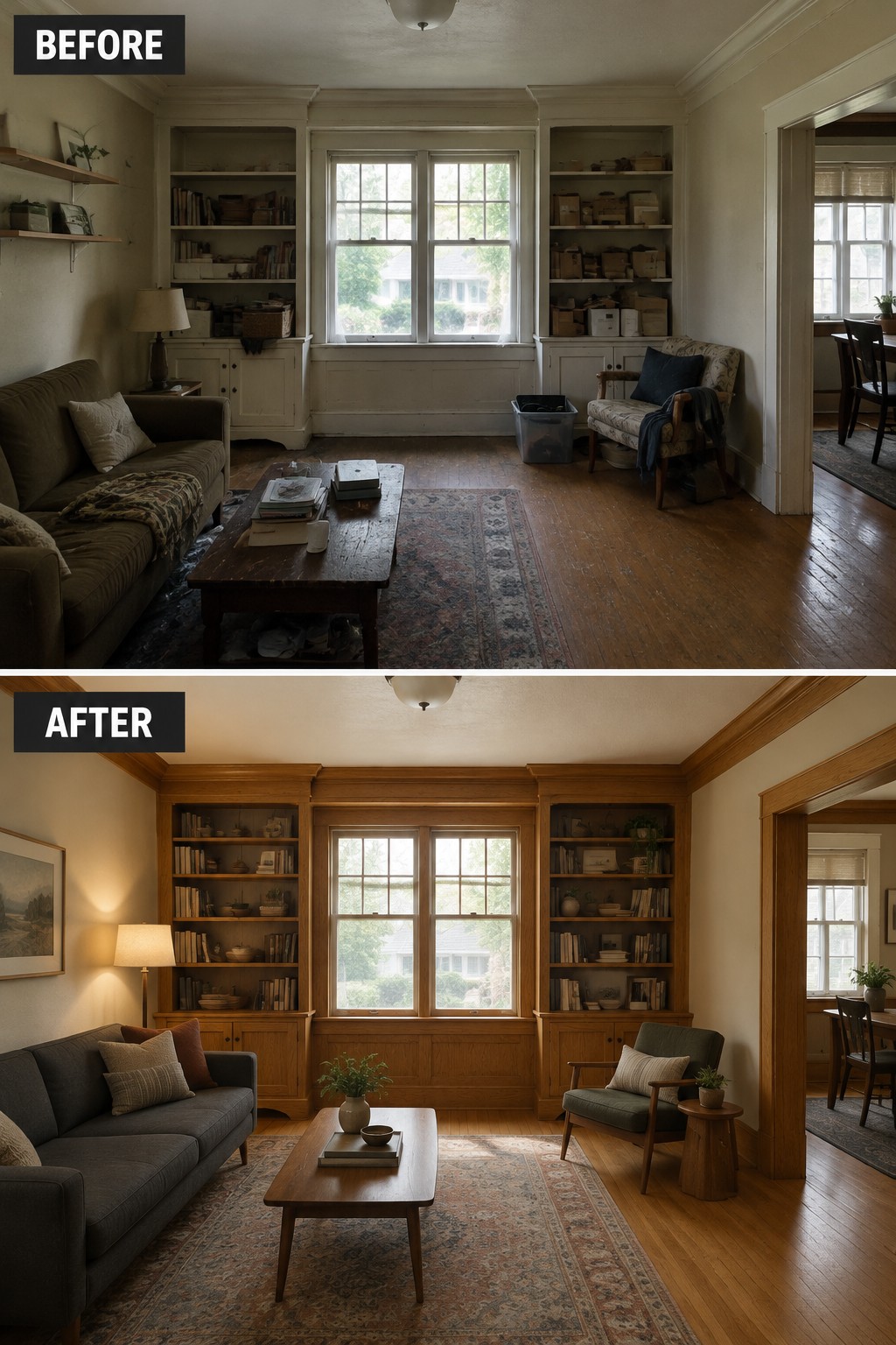 Before-and-after image of a cluttered living room with pale built-ins updated with restored wood bookcases, organized shelves, and a furnished seating area.