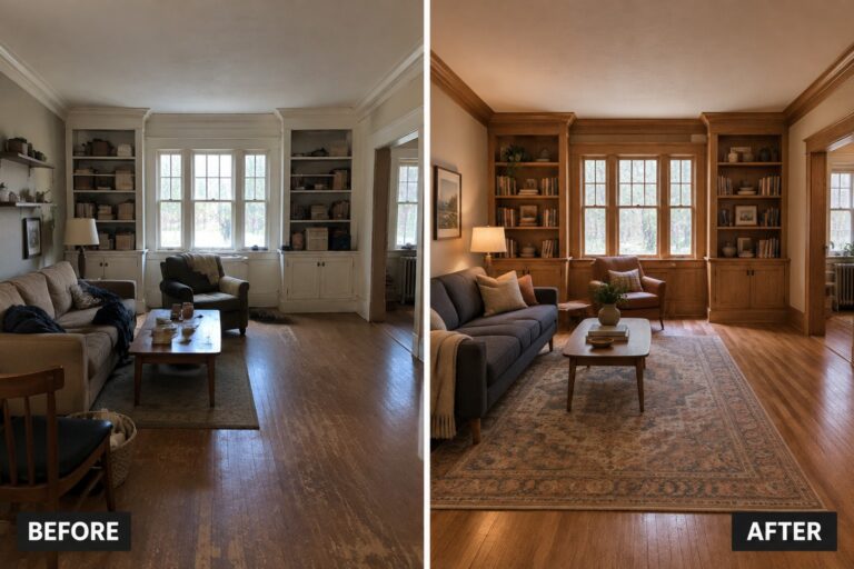 17 Craftsman House Renovation Ideas That Highlight Original Woodwork and Built-Ins Before-and-after image of a cluttered living room with pale built-ins updated with restored wood bookcases, organized shelves, and a furnished seating area.