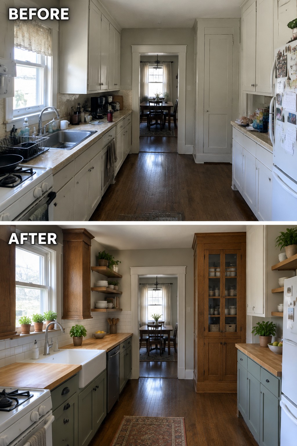 Before-and-after makeover image of a narrow kitchen updated with butcher-block counters, a farmhouse sink, and wood cabinetry.