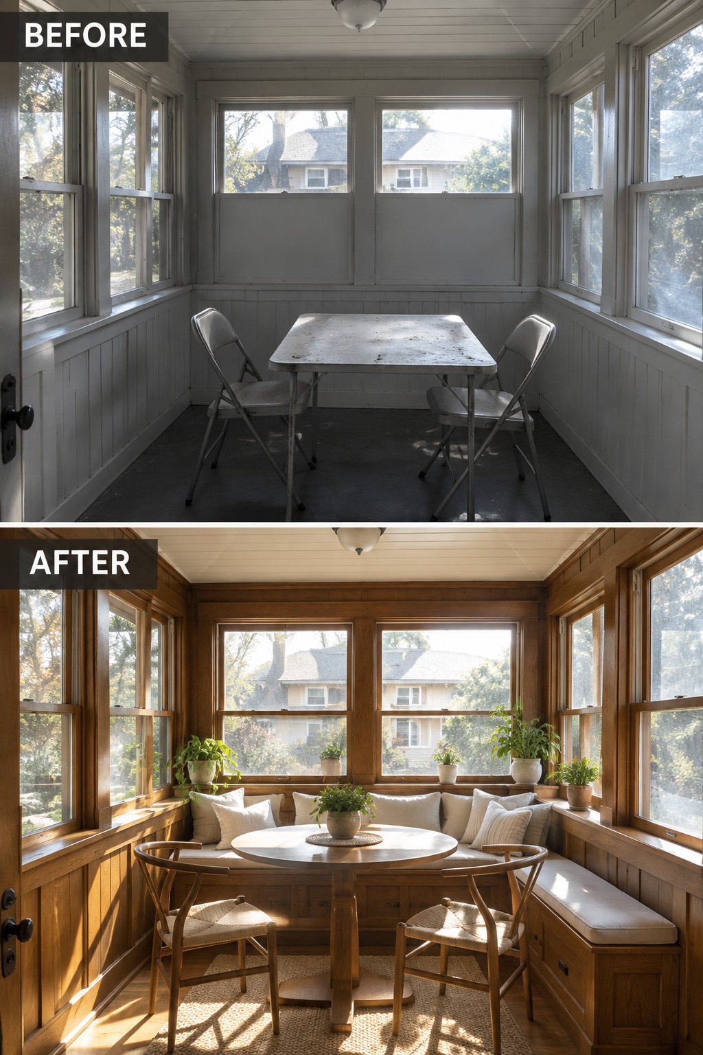 Before-and-after makeover image of a bare breakfast nook with a folding table and chairs changed into a dining area with a built-in bench, round table, and wood-paneled walls.