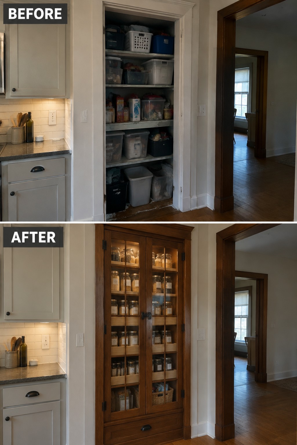 Before-and-after makeover image of an open pantry with mixed storage bins changed into a wood built-in cabinet with glass doors and organized jars.
