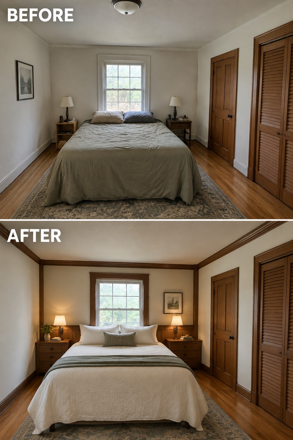 Before-and-after image of a plain bedroom updated with wood crown molding, window trim, and paneling behind the bed.