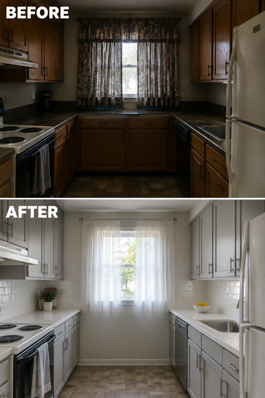 Before-and-after makeover image of a dark wood kitchen updated with light gray cabinets, white countertops, and a white tile backsplash.