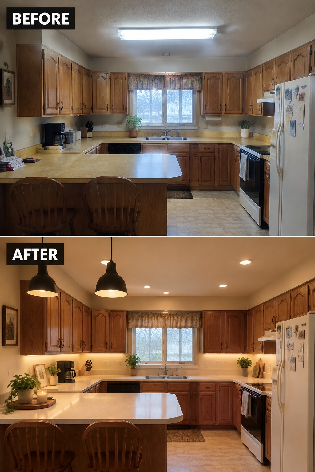 Before-and-after kitchen makeover image showing a dated kitchen with a fluorescent ceiling fixture updated with recessed lights, pendant lights, and under-cabinet lighting.