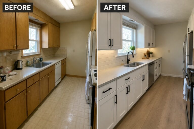 Before-and-after makeover image of a kitchen with wood cabinets and a tiled backsplash updated with white cabinets and a white tile backsplash.
