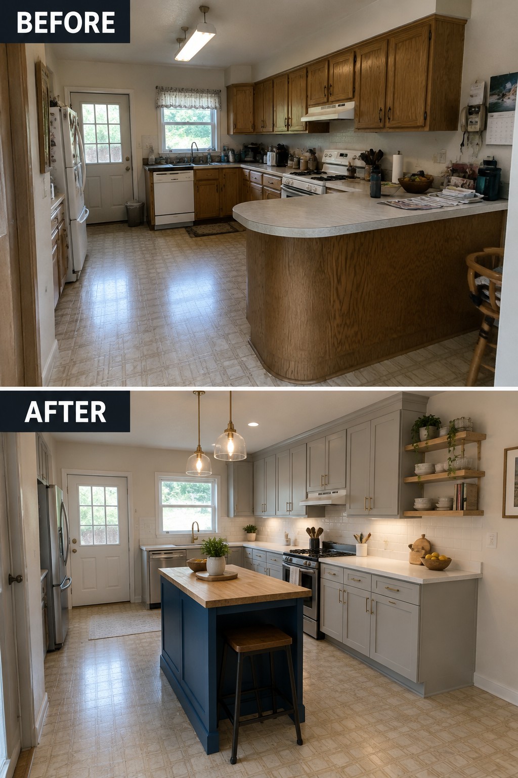 Before-and-after makeover image of an older kitchen with dark wood cabinets changed to light gray cabinetry and a blue island.