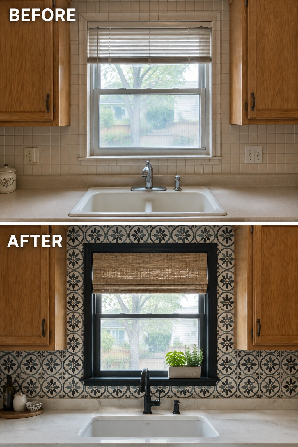 Before-and-after image of a kitchen window updated with patterned tile, dark trim, and a woven shade.
