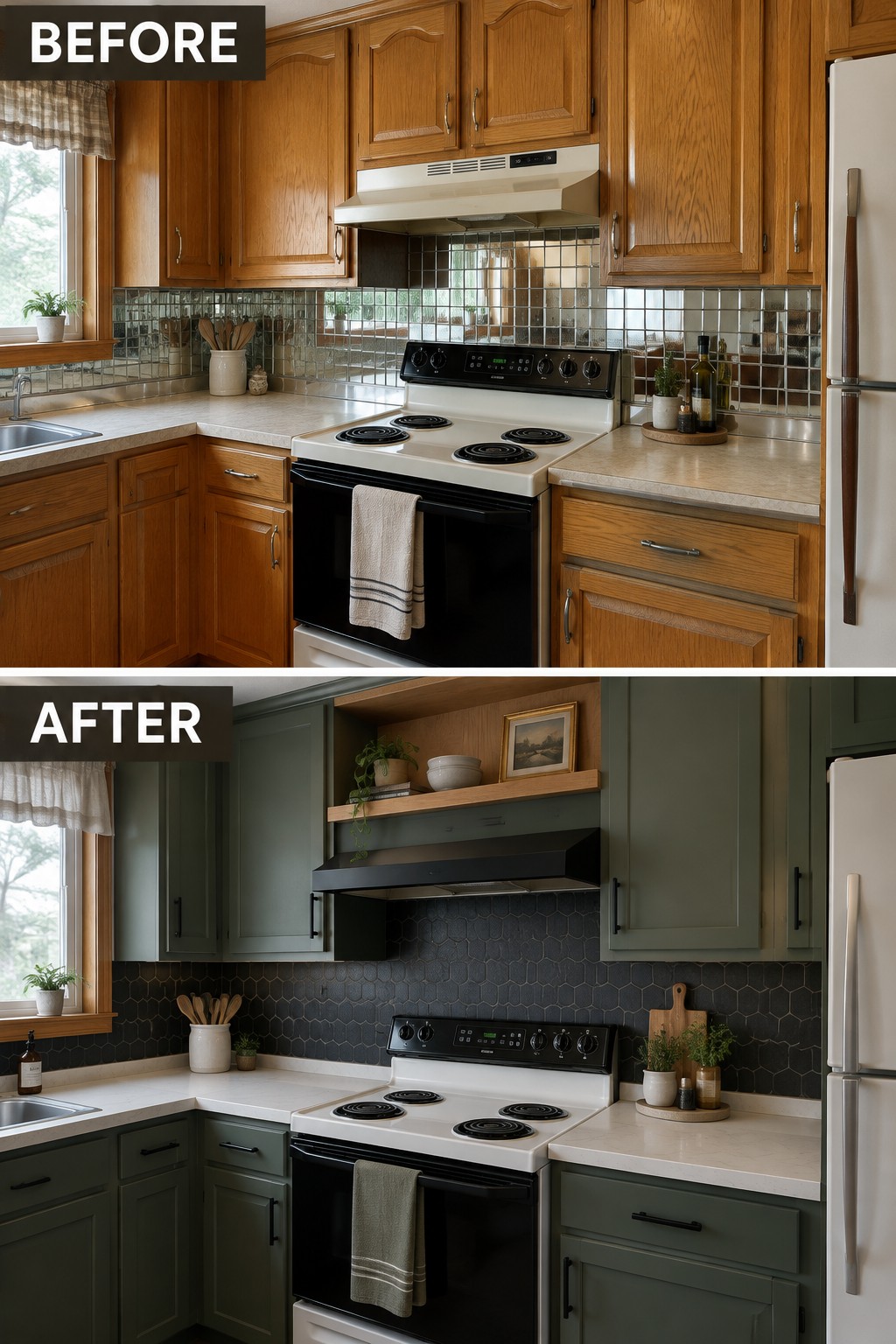 Before-and-after makeover image of a kitchen with dated wood cabinets updated to muted green cabinets and a dark backsplash.