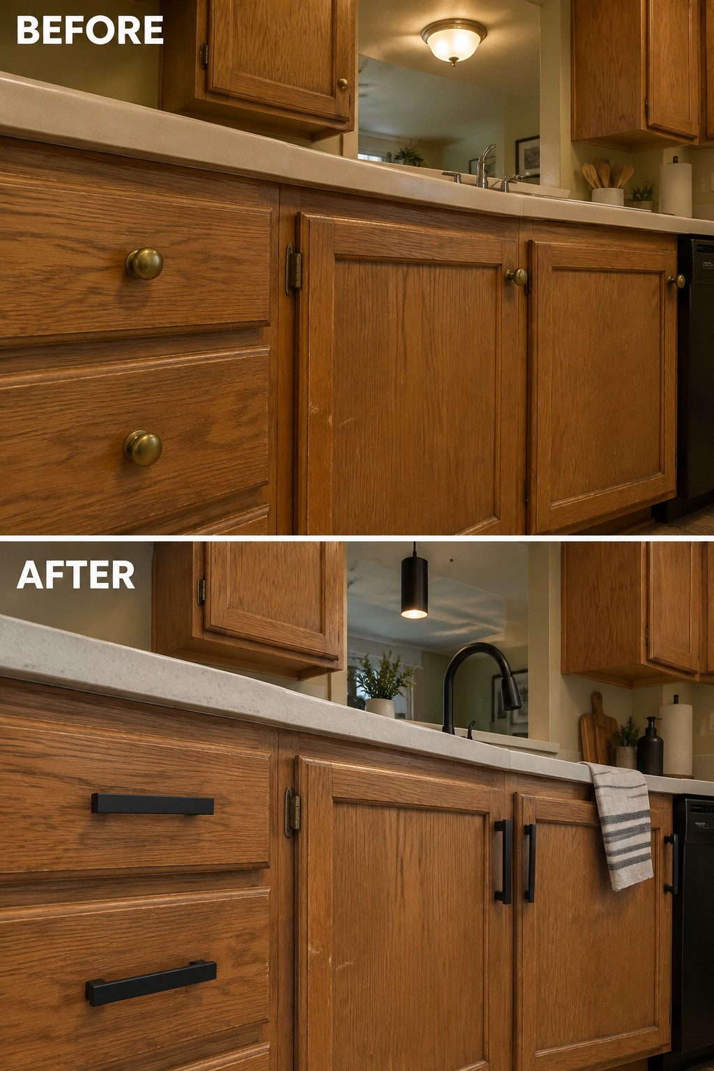 Before-and-after kitchen makeover image showing wood cabinets with brass knobs updated with black pulls.