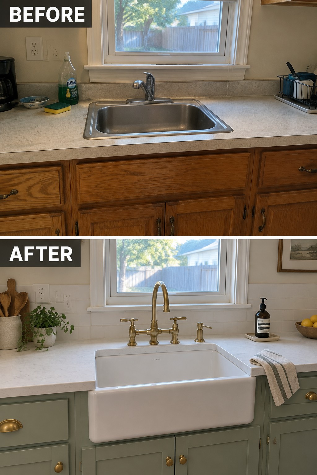 Before-and-after makeover image showing a basic stainless steel kitchen sink replaced with a white farmhouse sink and brass faucet.