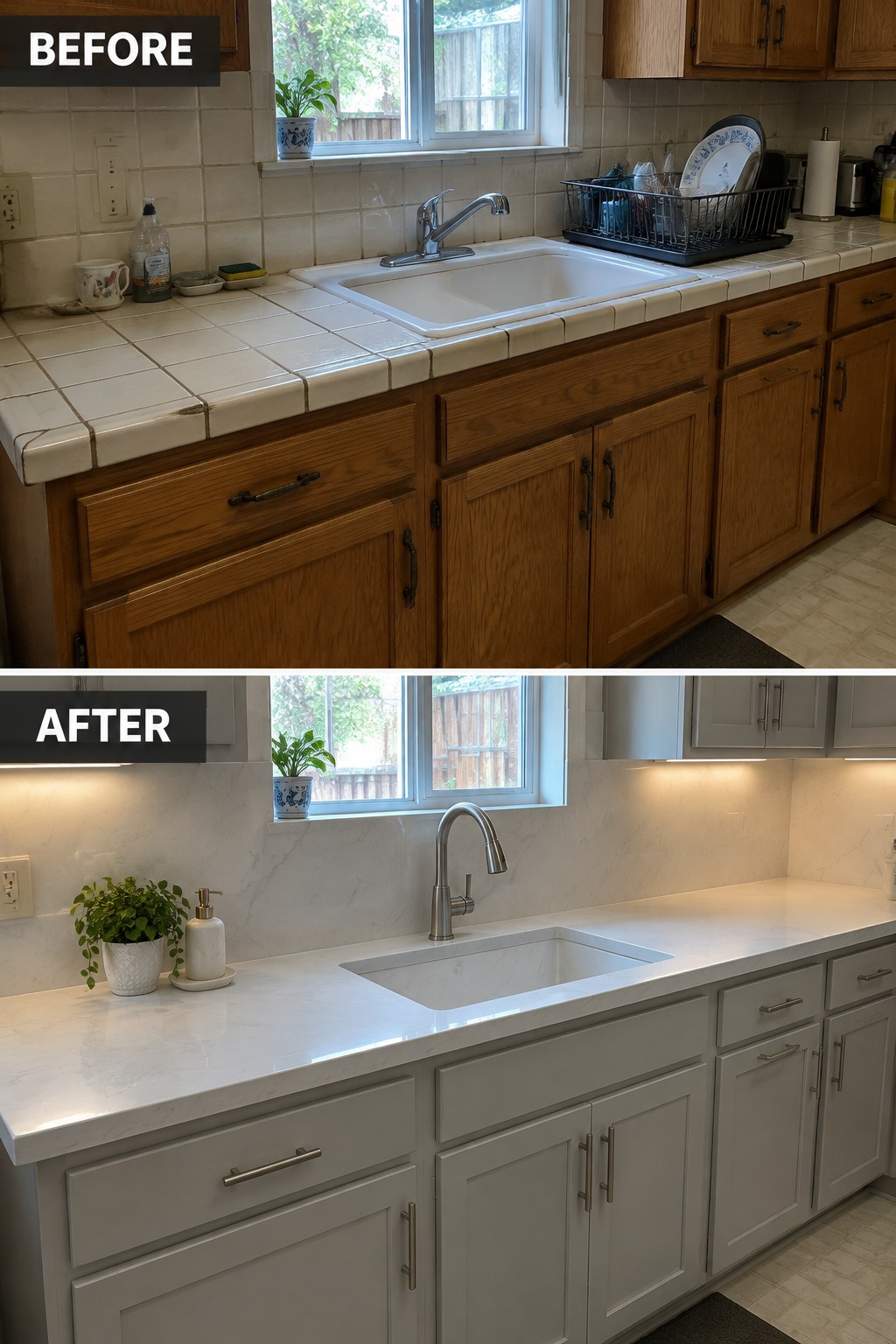 Before-and-after image of a kitchen updated with smooth pale countertops, a matching backsplash, and light gray cabinets.