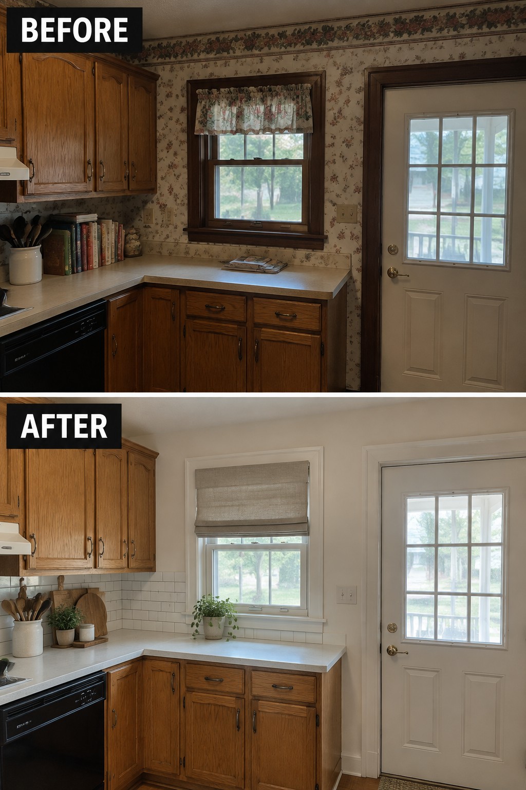 Before-and-after kitchen makeover image showing floral wallpaper replaced with light walls and a white tile backsplash.