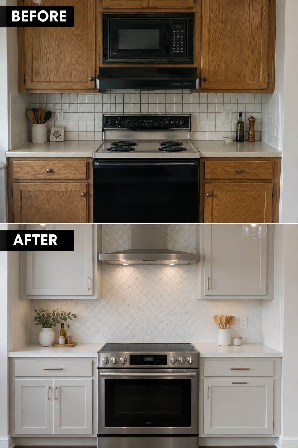 Before-and-after kitchen makeover image showing oak cabinets and an over-the-range microwave replaced by light cabinets and a stainless vent hood.