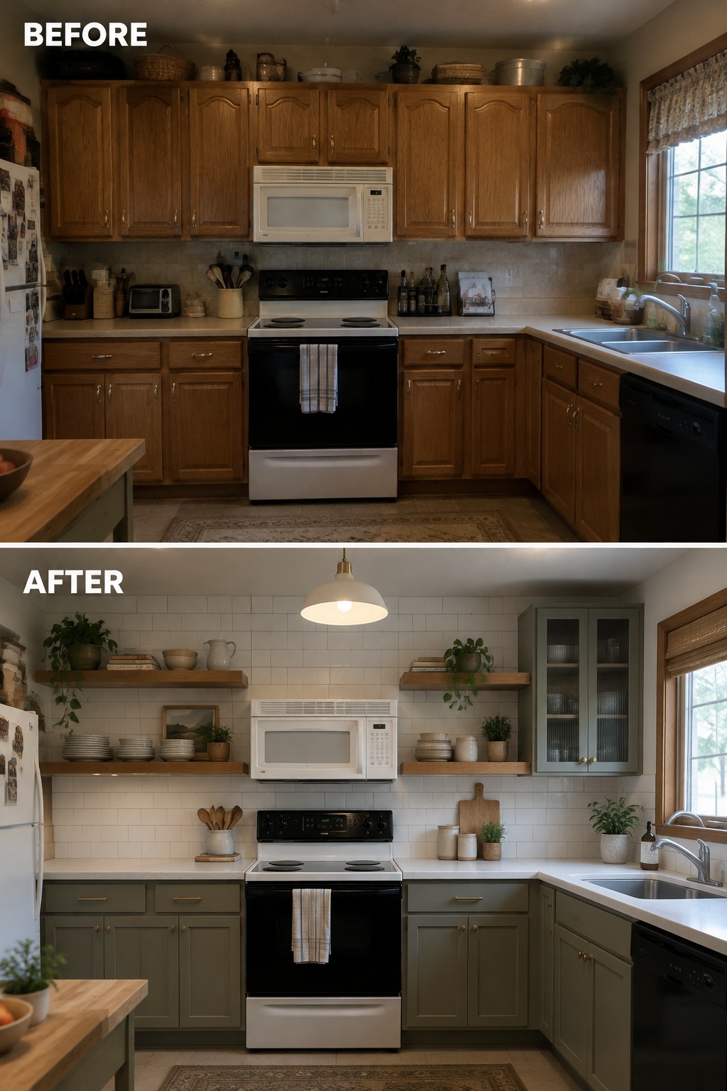 Before-and-after kitchen makeover image showing dark upper cabinets replaced with open shelves and a glass-front cabinet above updated lower cabinets.