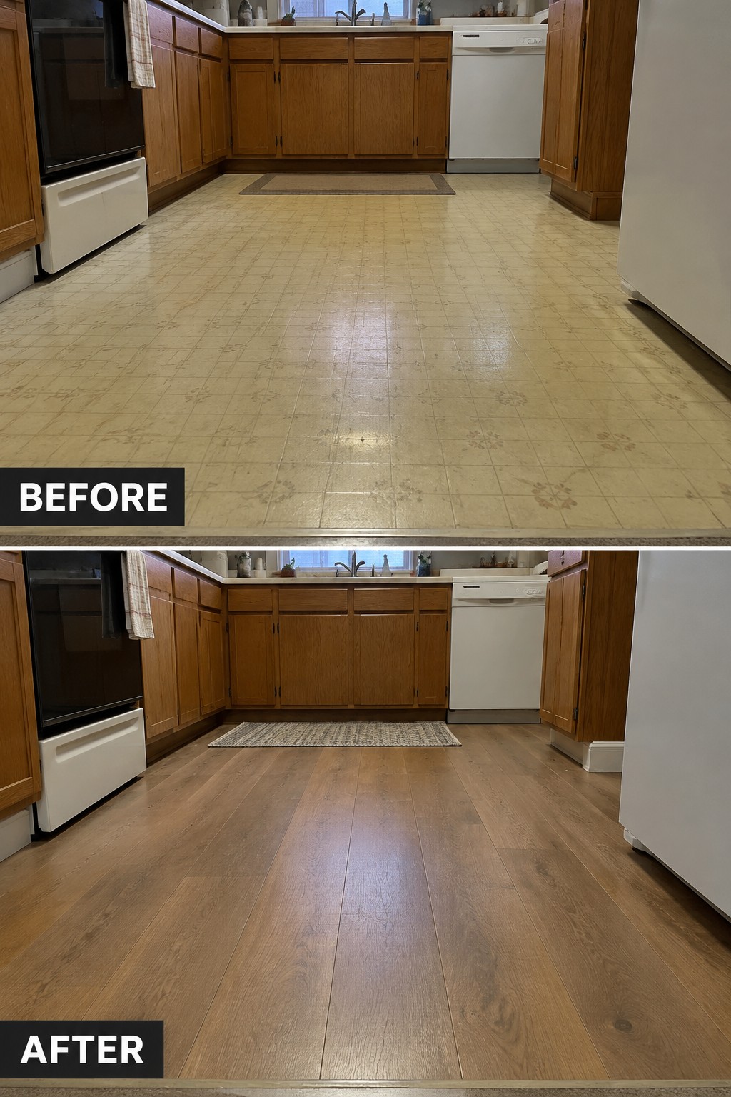 Before-and-after image of a kitchen with patterned beige flooring replaced by brown wood-look plank flooring.