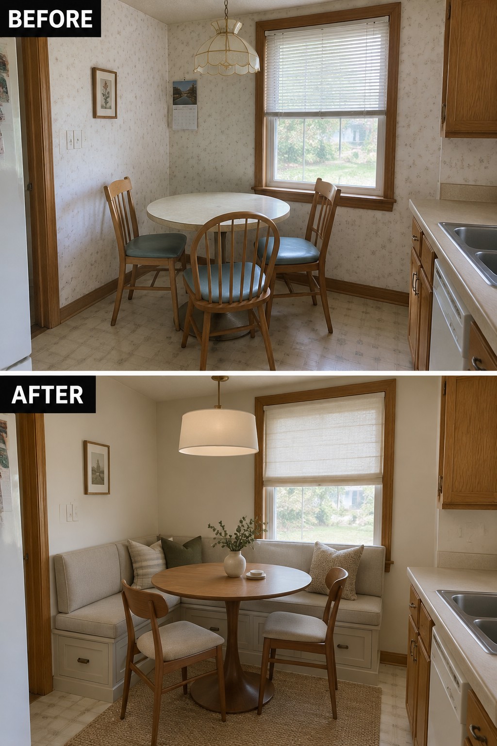 Before-and-after makeover image of a kitchen nook changed from a round table and separate chairs to a built-in bench with a round table and chairs.