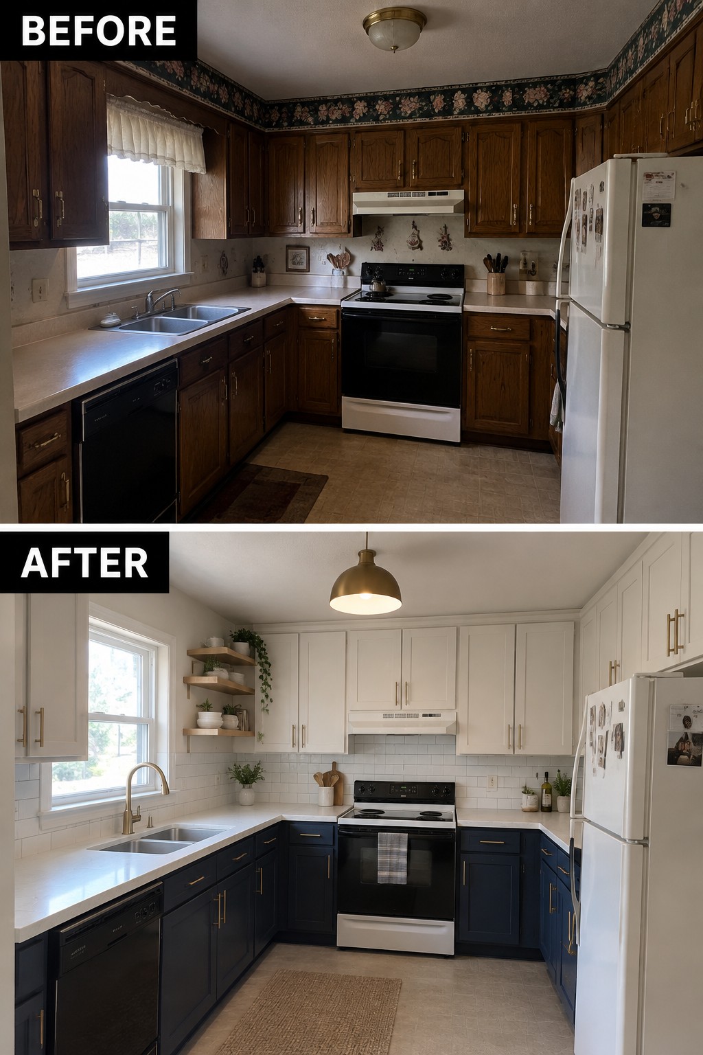 Before-and-after kitchen makeover image showing dark wood cabinets changed to white upper cabinets and deep blue lower cabinets.