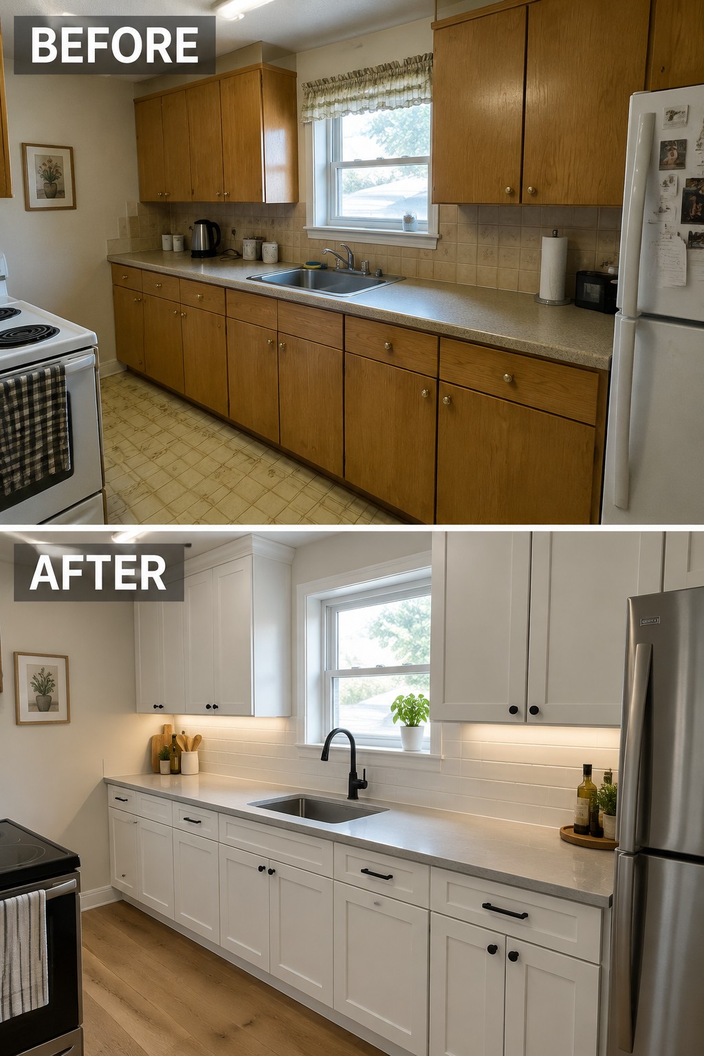 Before-and-after makeover image of a kitchen with wood cabinets and a tiled backsplash updated with white cabinets and a white tile backsplash.