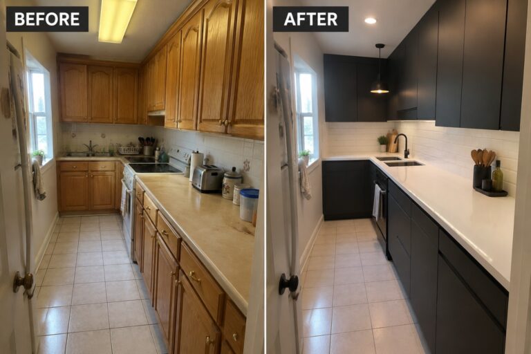Before-and-after makeover image of a galley kitchen updated with charcoal cabinets, white countertops, and modern appliances.